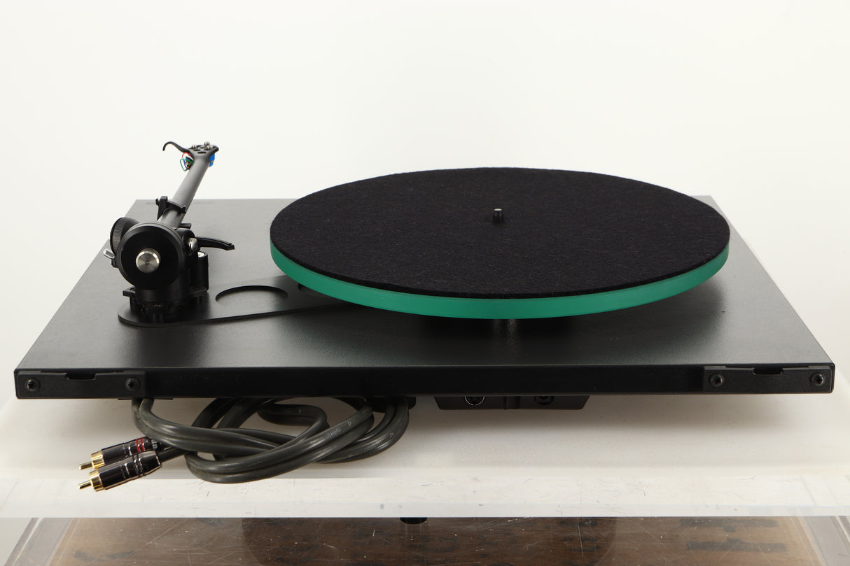 Rear view of a used Rega RP3 Turntable in Black finish with Elys Cartridge
