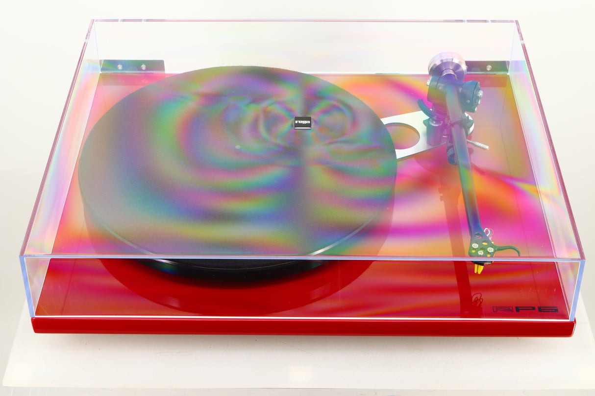Top view of a used Rega RP6 Turntable in Red finish with Exact Cartridge