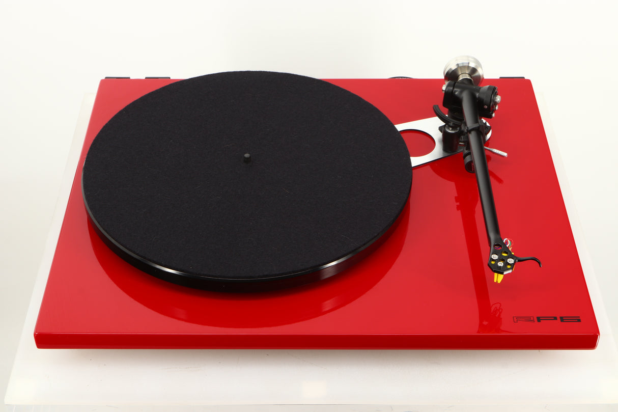 Top view of a used Rega RP6 Turntable in Red finish with Exact Cartridge