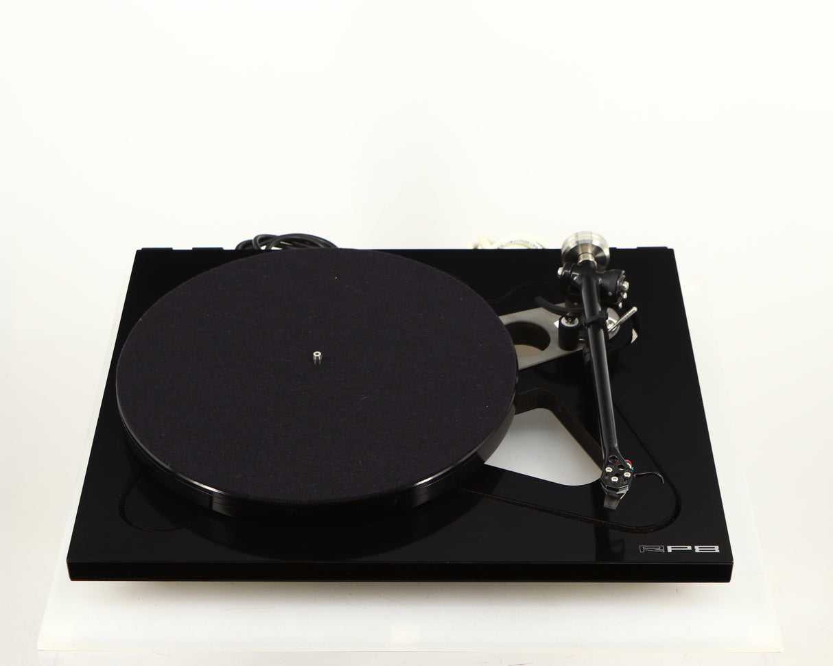 Front view of a used Rega RP8 Turntable / Apheta 2 MC Cartridge in a black finish