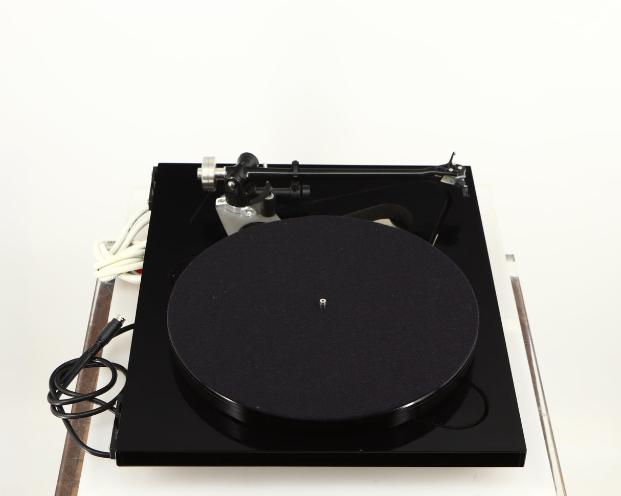 Left side view of a used Rega RP8 Turntable / Apheta 2 MC Cartridge in a black finish
