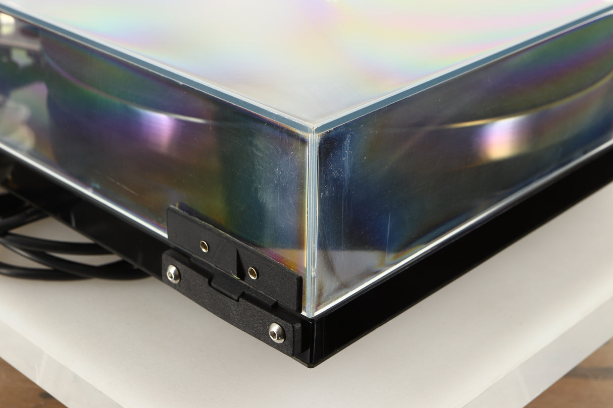 Rear right corner view of a used Rega RP8 Turntable in Black finish