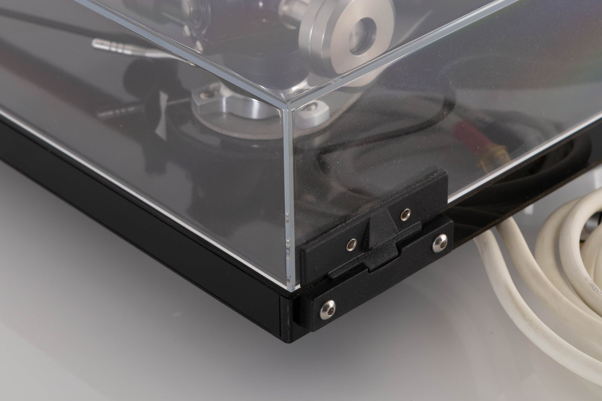 Rear left corner view of a used Rega RP8 Turntable in Gloss Black finish