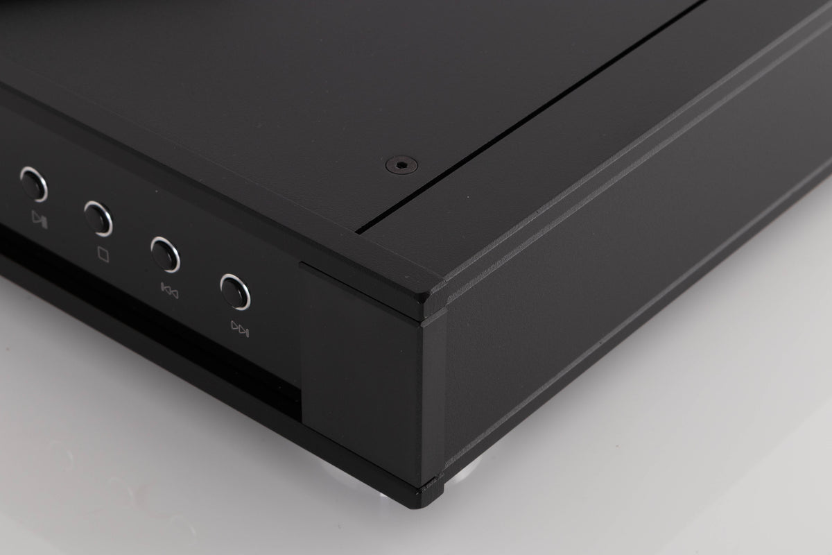 Front right corner of a used Rega Saturn MK3 CD Player in a Black finish