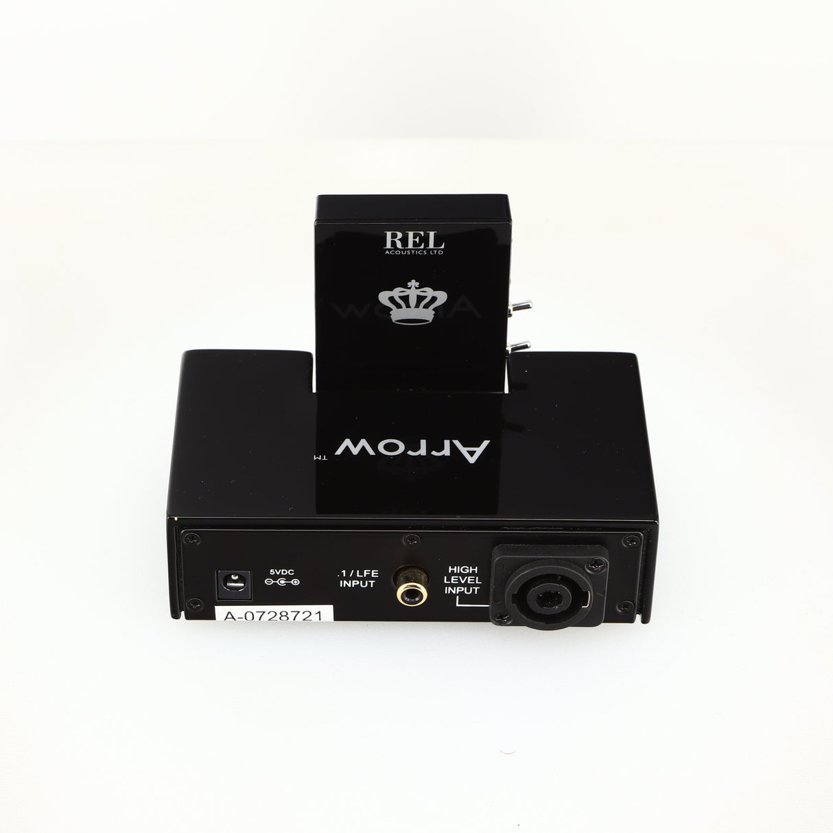 Top of a used REL Arrow V3 Wireless Subwoofer Transmitter in a black finish