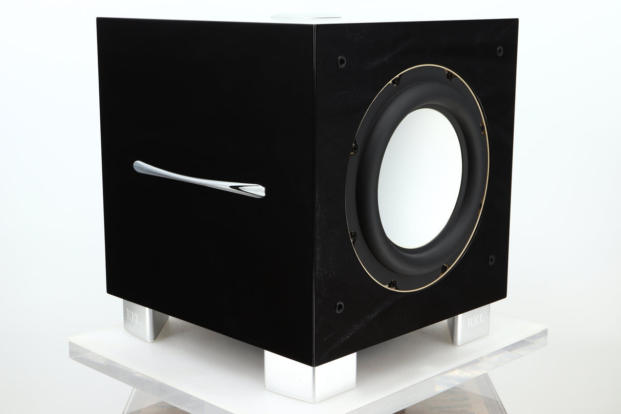 Front left corner view of a used REL S/3 SHO Subwoofer in Piano Black finish