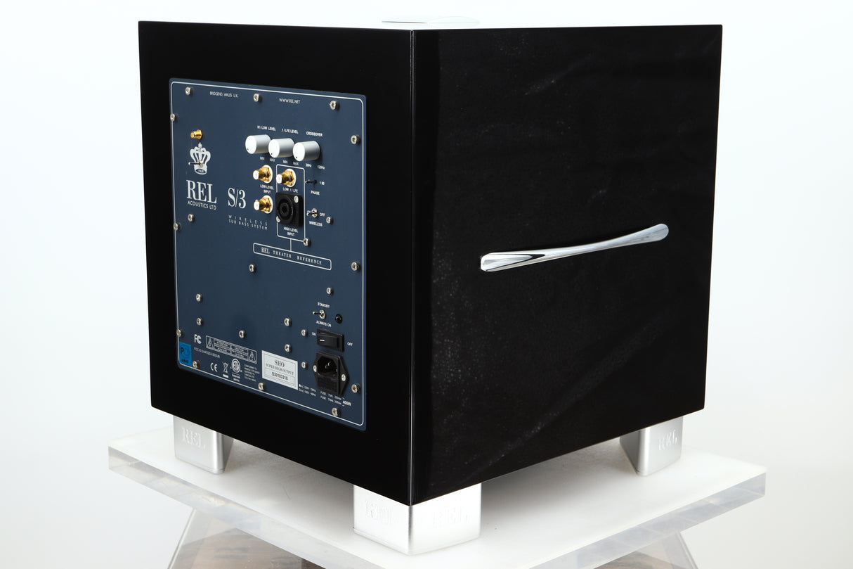 Rear right corner view of a used REL S/3 SHO Subwoofer in Piano Black finish