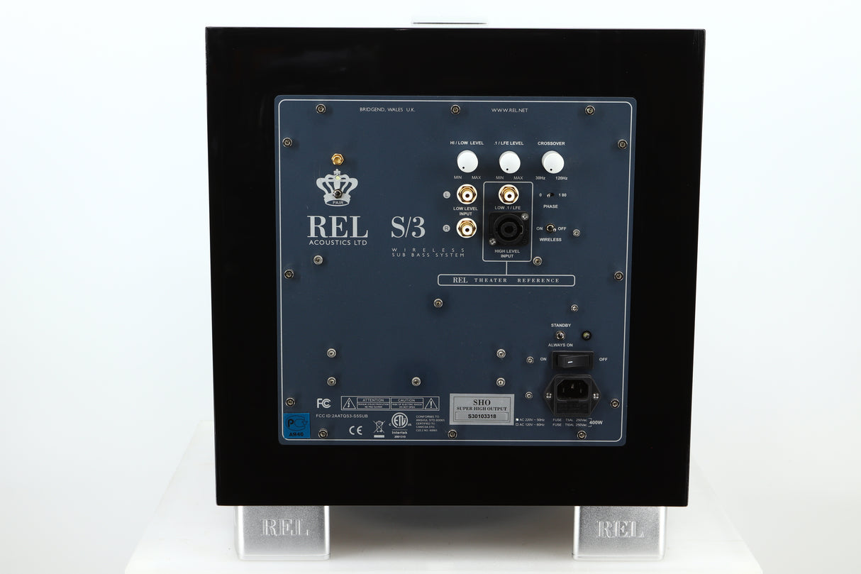 Rear view of a used REL S/3 SHO Subwoofer in Piano Black finish