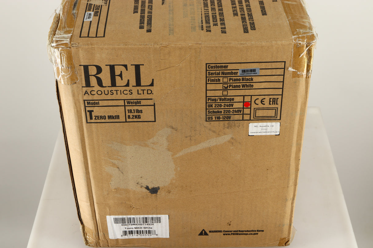 Box for a used REL T-Zero MKIII Subwoofer in a piano white finish