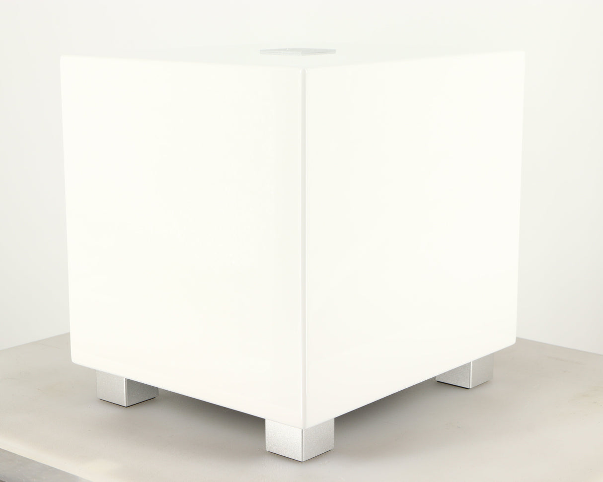 Front right corner of a used REL T-Zero MKIII Subwoofer in a piano white finish