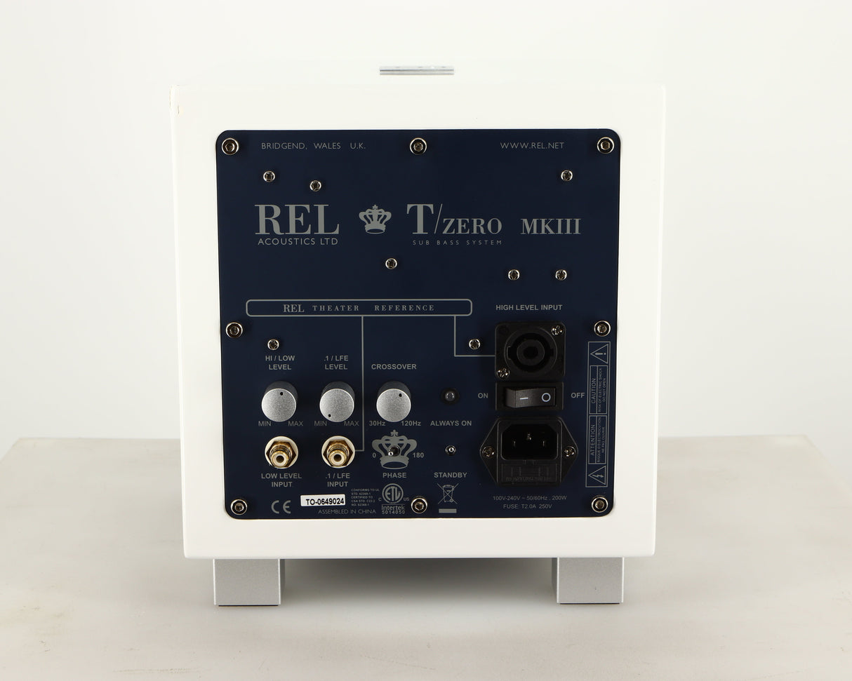 Rear view of a used REL T-Zero MKIII Subwoofer in a piano white finish showing Mains Input and Hi-Level Input