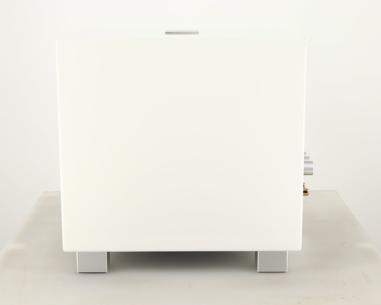 Right side view of a used REL T-Zero MKIII Subwoofer in a piano white finish