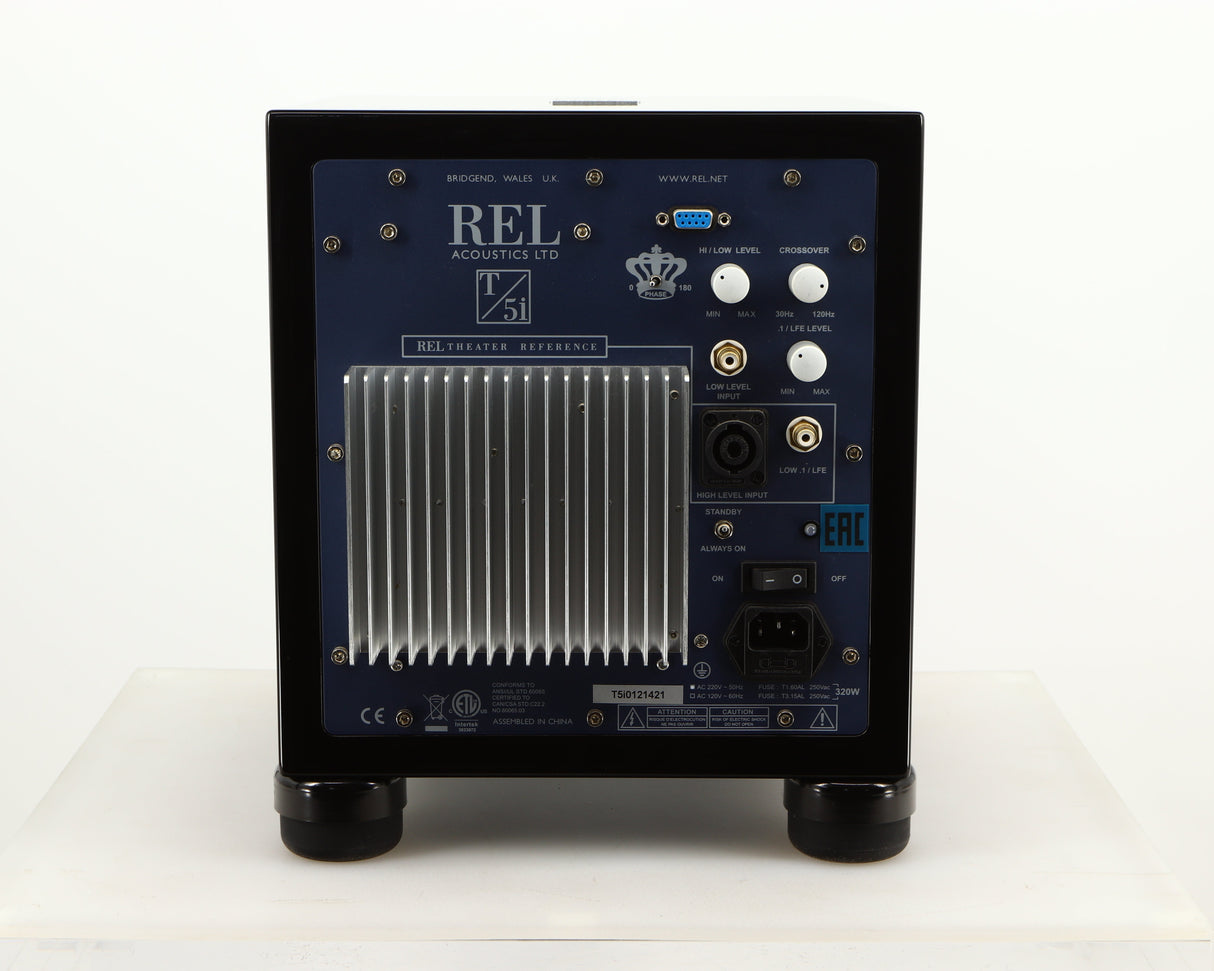 Rear view of a used REL T5i Subwoofer W/ Upgraded Feet in a piano black finish