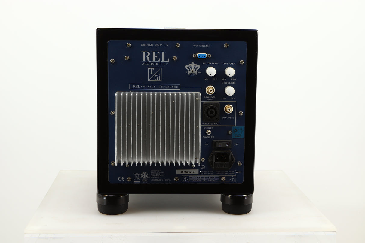 Rear view of a used REL T5i Subwoofer in Piano Black finish with Upgrade Feet