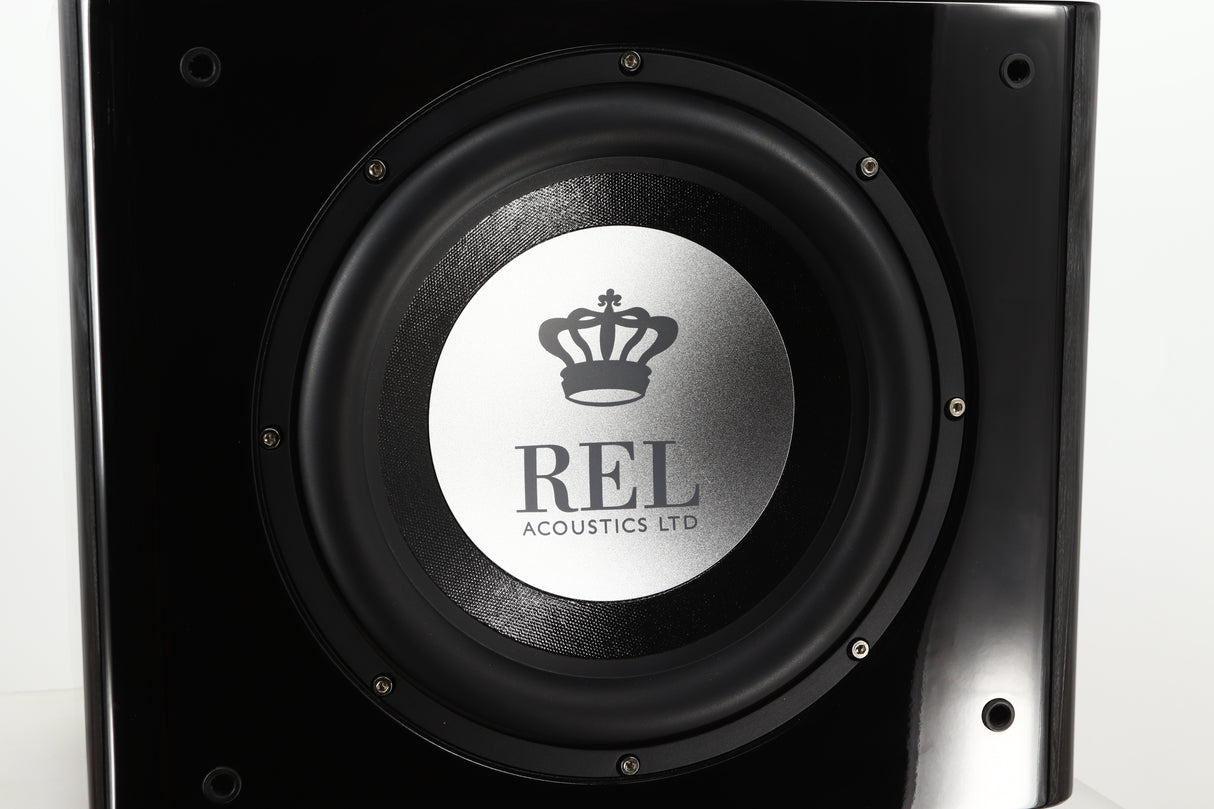Close up view of a used REL T9X Subwoofer in Piano Black finish