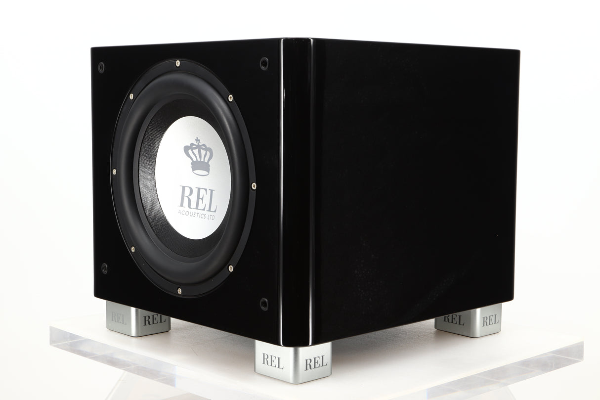 Front right corner view of a used REL T9X Subwoofer in Piano Black finish