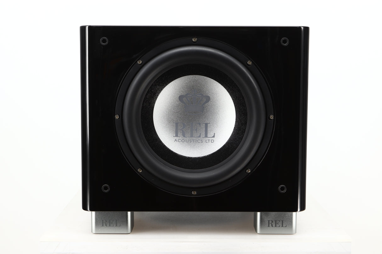 Front view of a used REL T9X Subwoofer in Piano Black finish