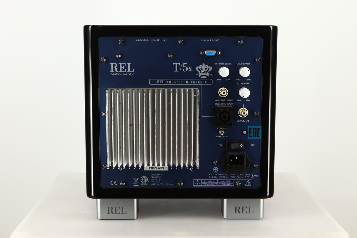 Rear view of a used REL T5X Subwoofer in Piano Black finish