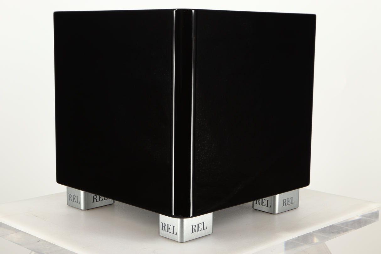 Front Left Corner view of a used REL T5X Subwoofer in Piano Black finish