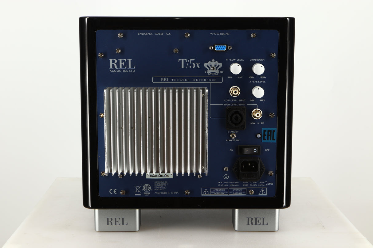 Rear view of a used REL T5X Subwoofer in Piano Black finish
