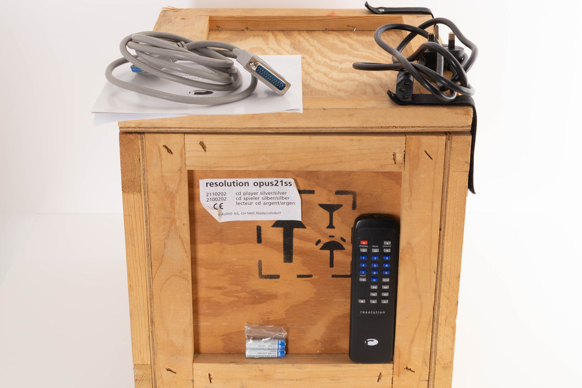 Box for a used Resolution Opus 21 CD Compact Disc Player W/ Opus 21 PS Power Supply in a Silver finish