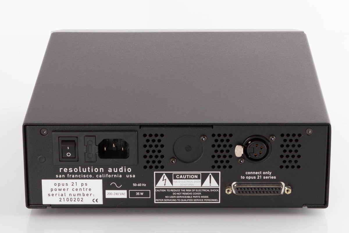 Rear view of a used Resolution Opus 21 PS Power Supply in a Silver finish showing Mains Input