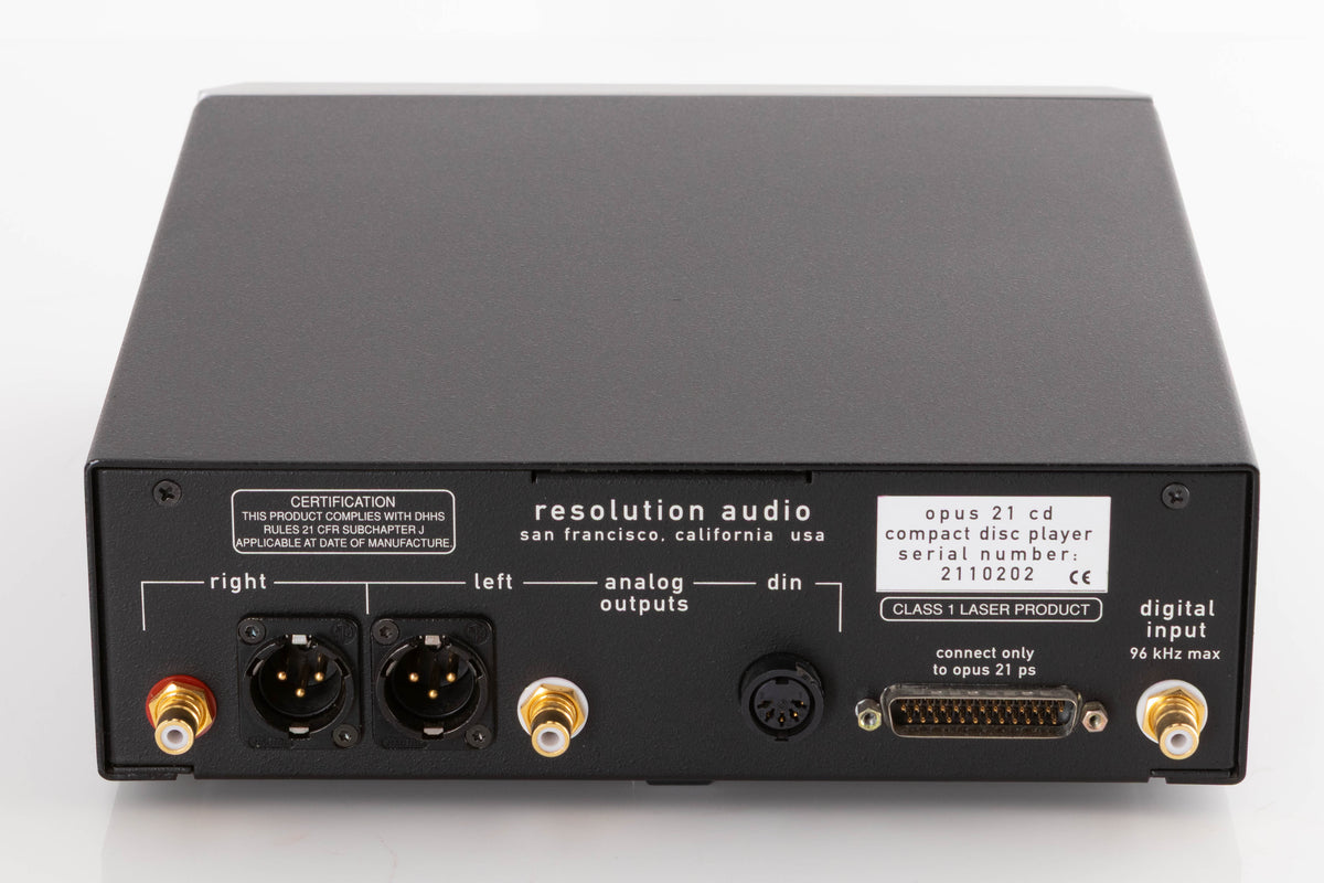 Rear view of a used Resolution Opus 21 CD Compact Disc Player in a Silver finish showing XLR Outputs, Digital Input, DIN Output and Analogue Outputs