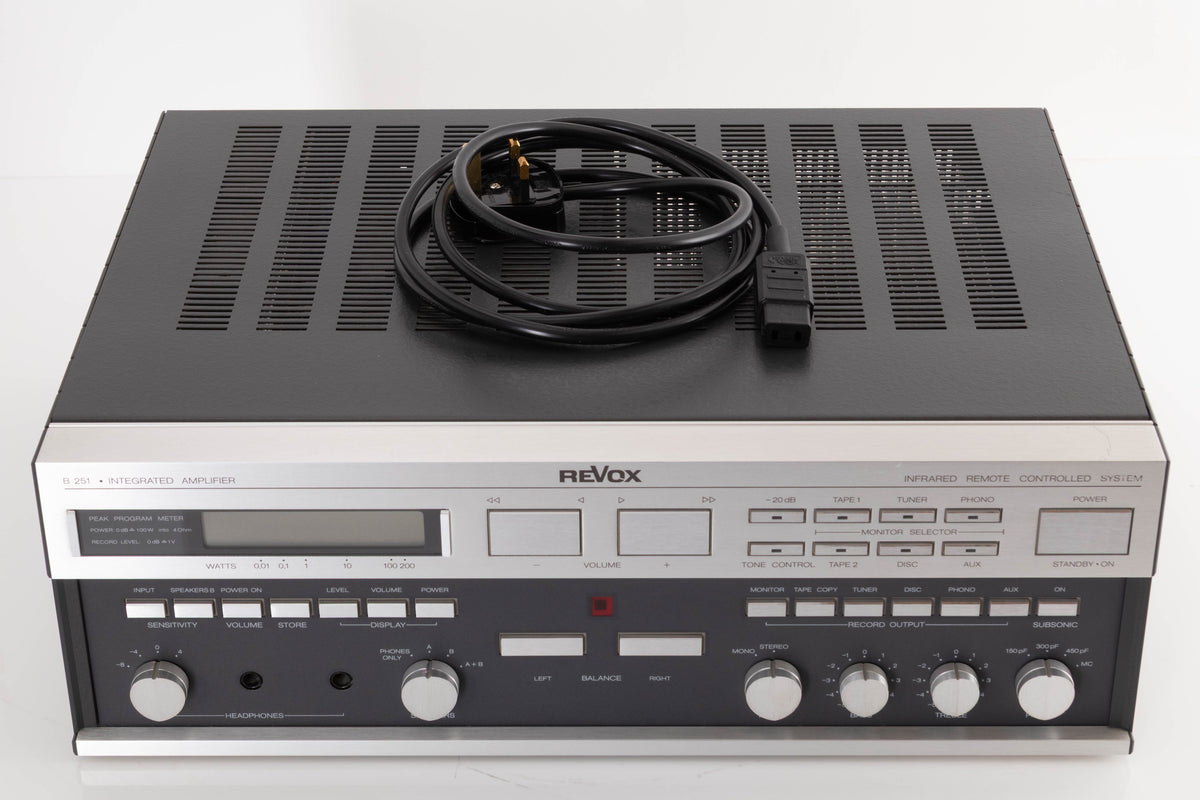 Top of a used Revox B251 Integrated Amplifier showing Mains Cable