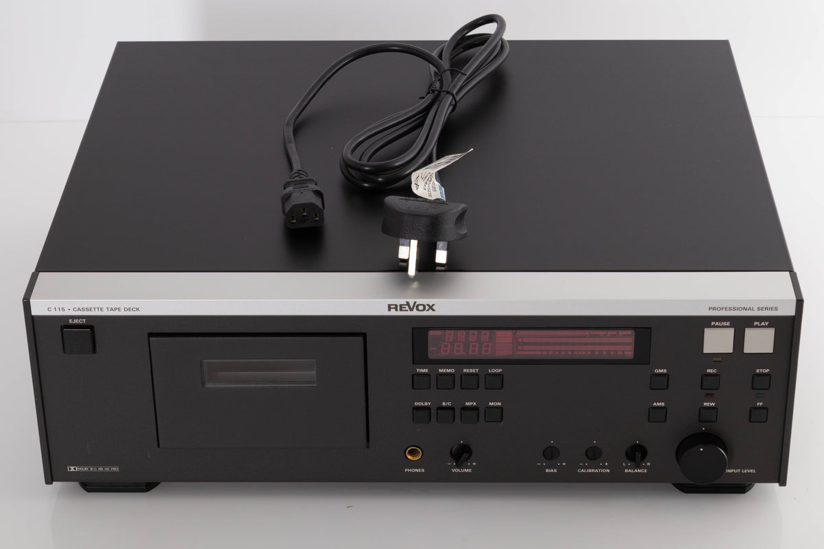 Top of a used Revox C115 Cassette Tape Deck in a Black finish showing Mains Cable