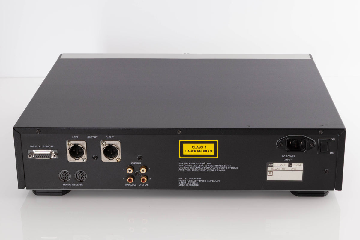 Rear view of a used Revox C221 CD Player in a Black finish showing Mains Input, XLR Outputs, Digital Outputs and Analogue Outputs