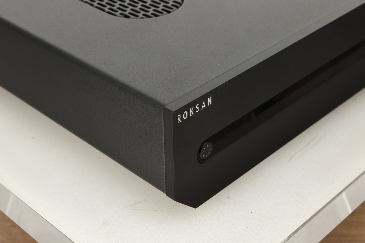 Front left corner view of a used Roksan Attessa Integrated Amplifier in Black finish