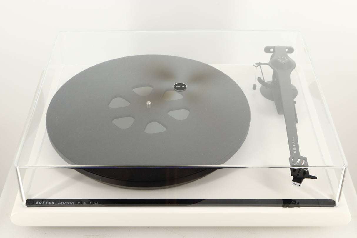 Top view of a used Roksan Attessa Turntable in White finish showing the lid