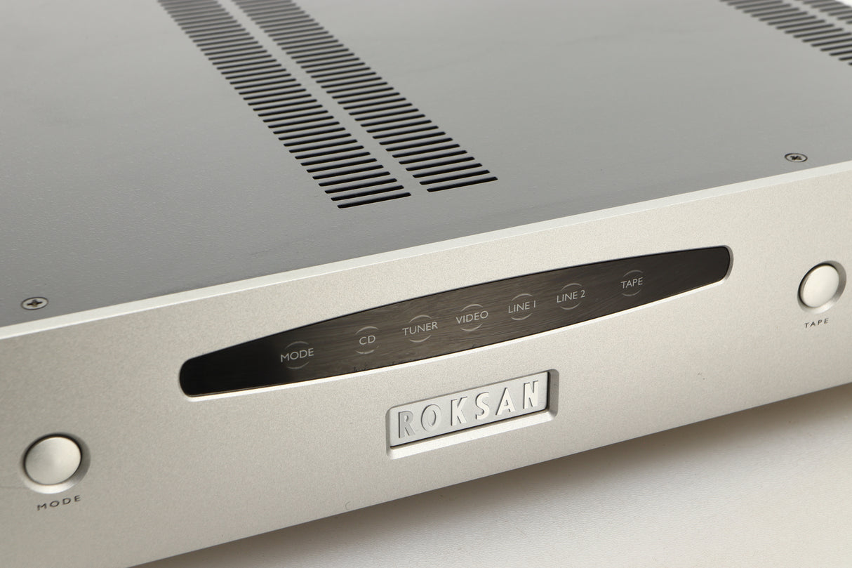 Close up view of a used Roksan Caspian M Series-1 Dual Mono Pre Amplifier in Silver finish