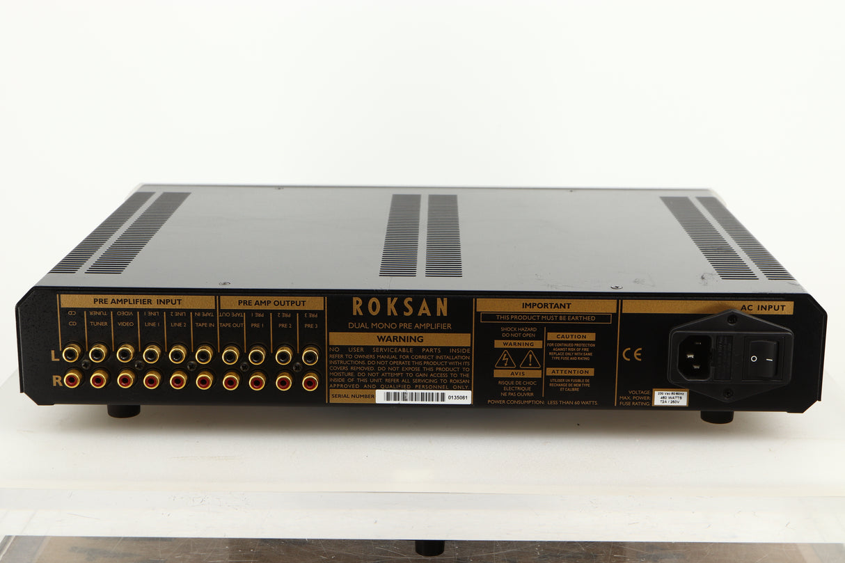 Rear view of a used Roksan Caspian M Series-1 Dual Mono Pre Amplifier in Silver finish