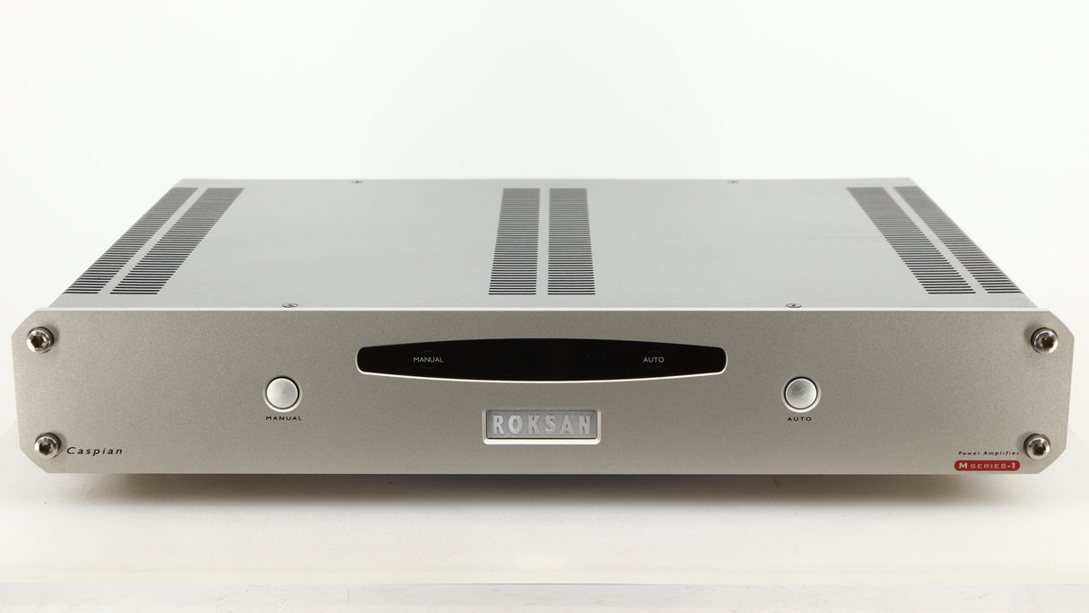 Front view of a used Roksan Caspian MSeries-1 Power Amplifier in a silver finish