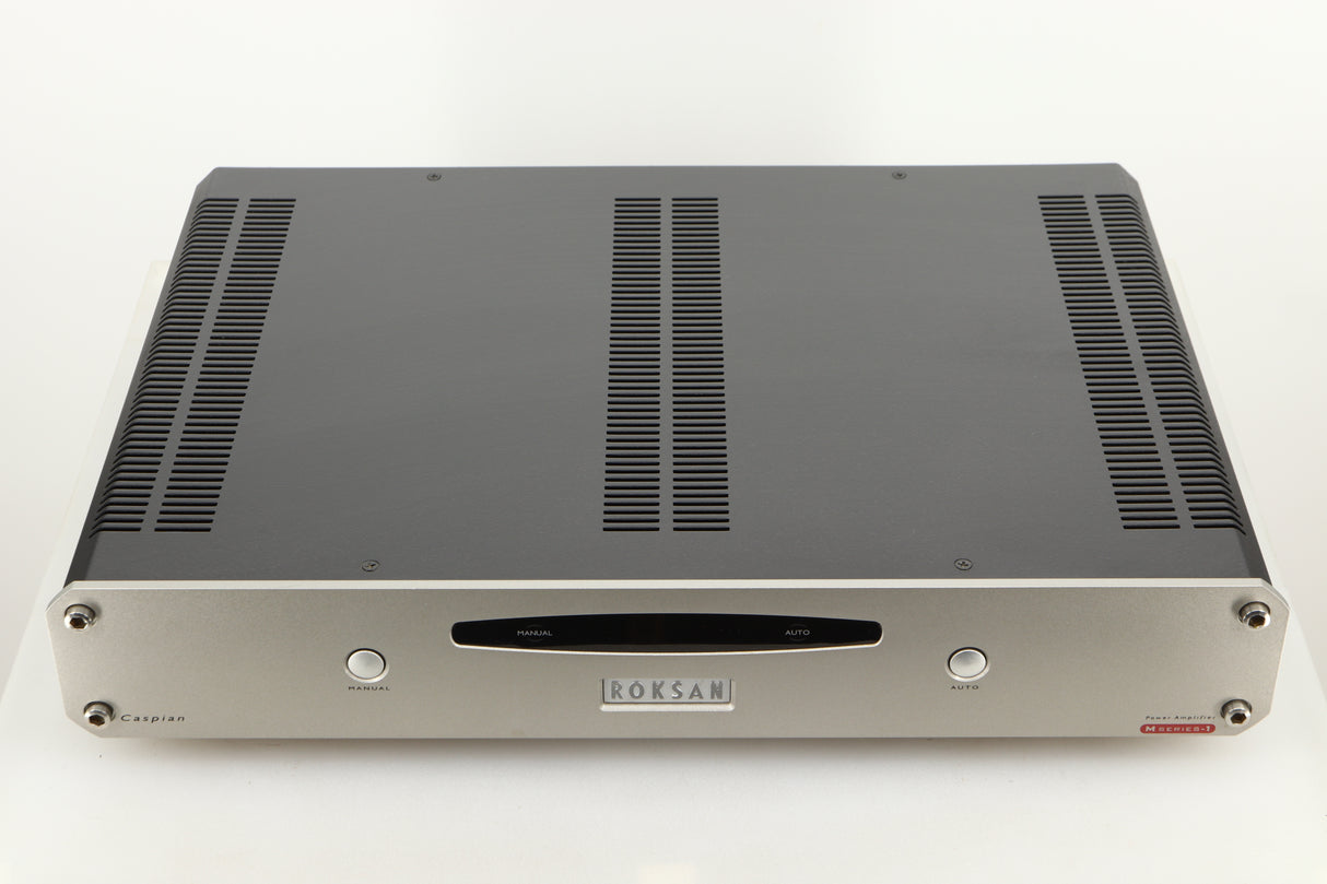 Top of a used Roksan Caspian MSeries-1 Power Amplifier in a silver finish