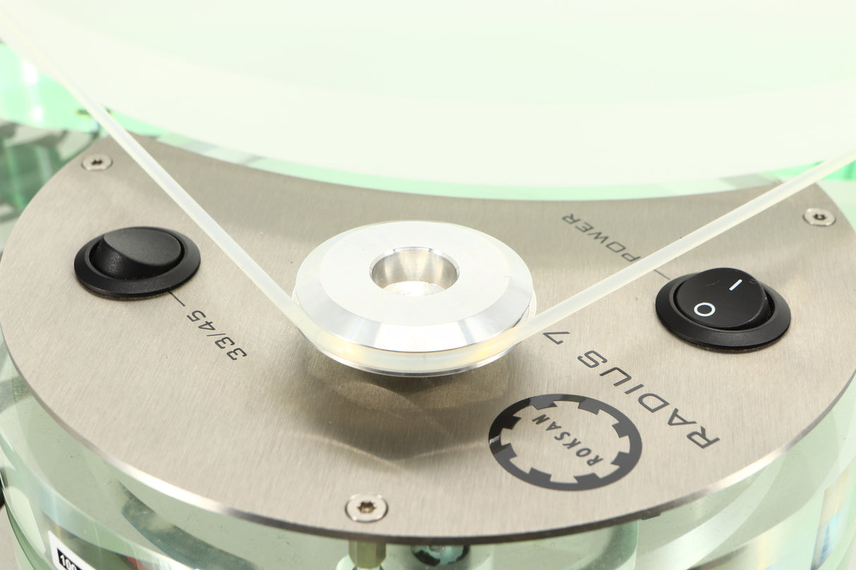 Close up of a used Roksan Radius 7 Turntable / T-VM95ML Cartridge showing pulley