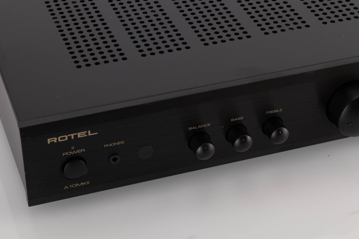 Close up view of a used Rotel A10 MKII Integrated Amplifier in Black finish