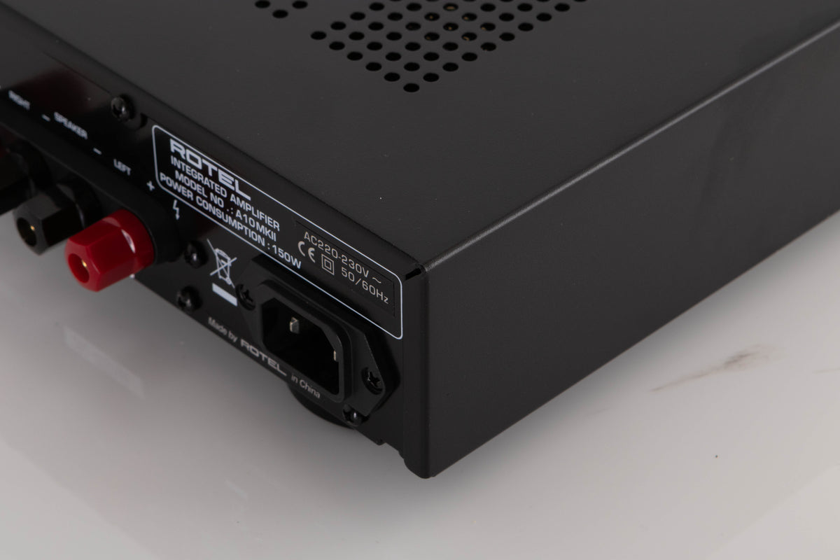 Rear right corner view of a used Rotel A10 MKII Integrated Amplifier in Black finish