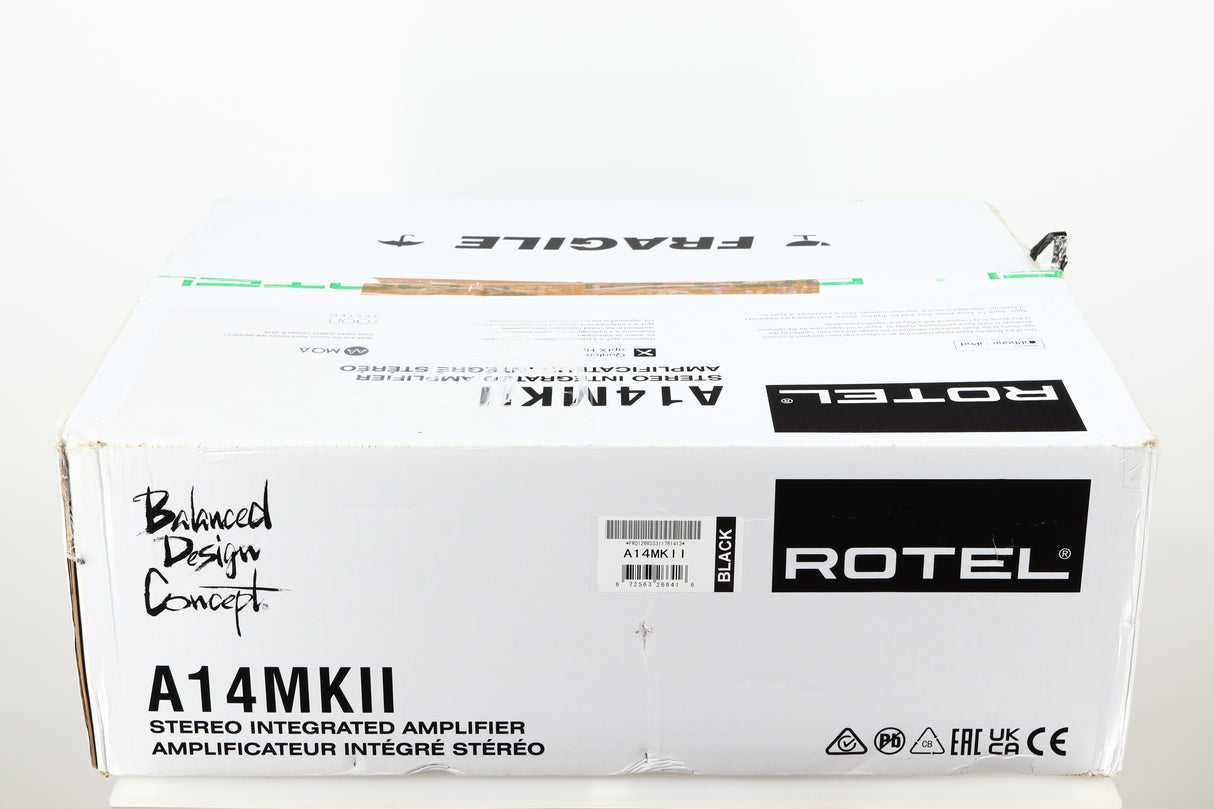 Box for a used Rotel A14 MKII Integrated Amplifier in a black finish