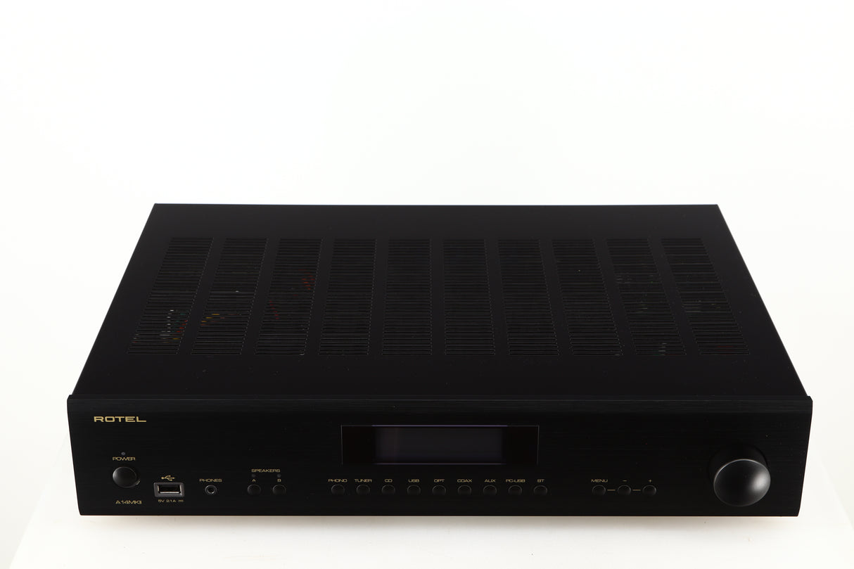 Top of a used Rotel A14 MKII Integrated Amplifier in a black finish