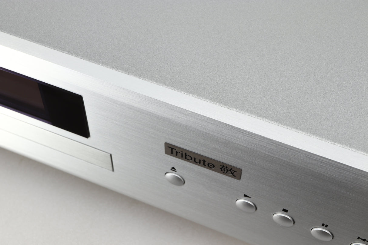 Close up of a used Rotel CD11 Tribute CD Player in a silver finish showing tiny scratch on fascia