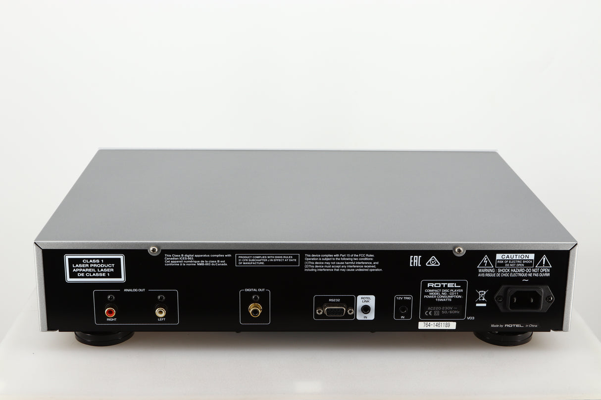 Rear view of a used Rotel CD11 Tribute CD Player in a silver finish showing Mains Input and Phono Output