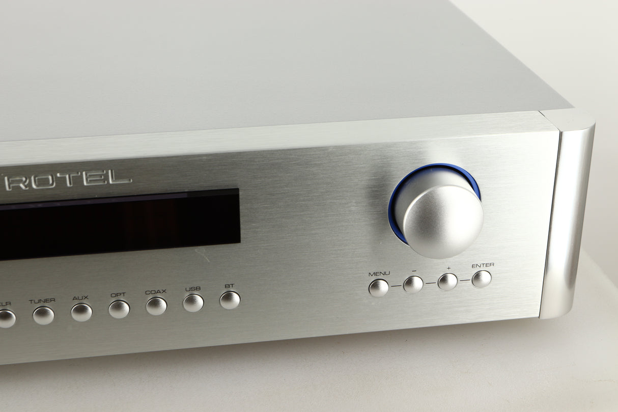 Close up view of a used Rotel RC-1572 MKII Pre Amplifier in Silver finish