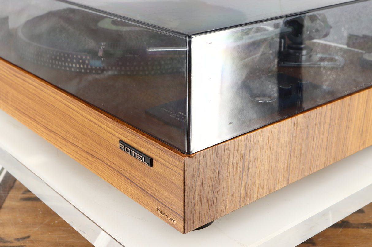 Front right corner of a used Rotel RP-3000 Turntable W/ SME 3009 Series II Improved Tonearm