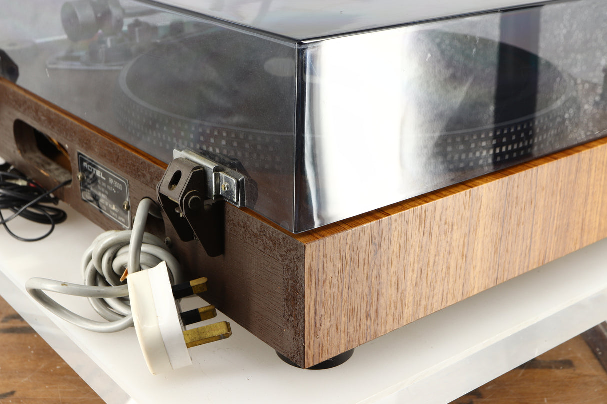 Rear left corner of a used Rotel RP-3000 Turntable W/ SME 3009 Series II Improved Tonearm