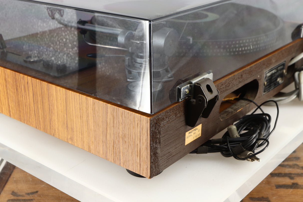 Rear right corner of a used Rotel RP-3000 Turntable W/ SME 3009 Series II Improved Tonearm