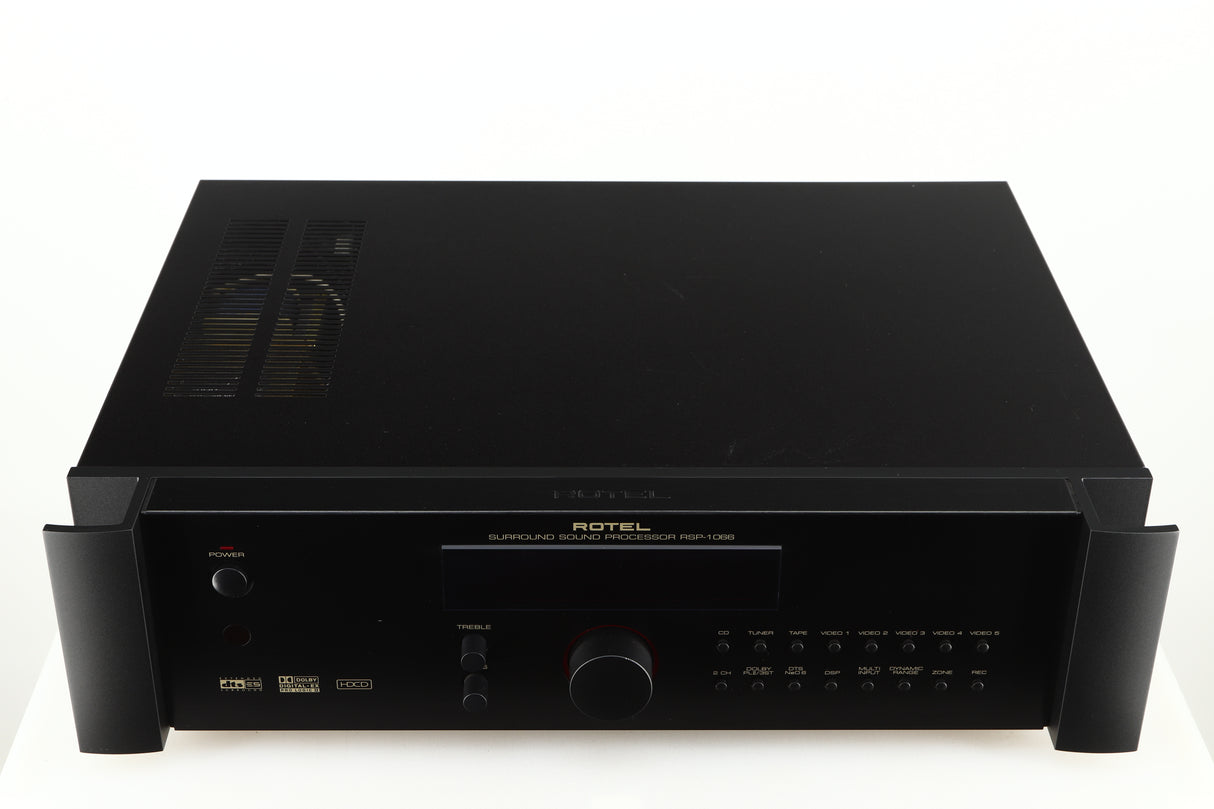 Top of a used Rotel RSP-1066 Pre Amplifier / Processor in a black finish