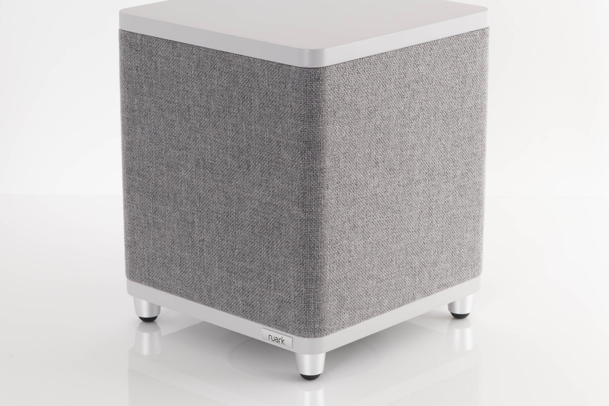 Front right corner view of a used Ruark Audio RS-1 Subwoofer in Soft Grey