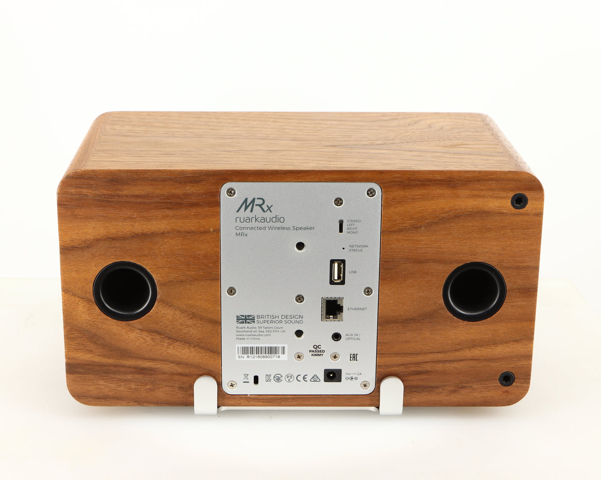 Rear view of a used Ruark MRX Wireless Speaker in a walnut finish showing Network Input, USB Input and Power Input